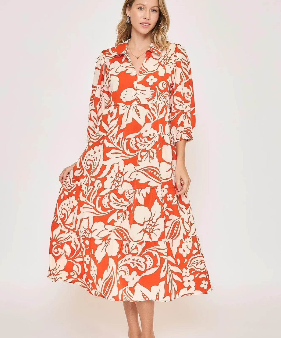 Umgee Floral Print Tiered Midi Dress - ELY VESSA LLC