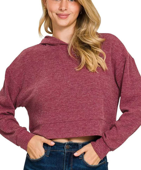 Zenana Drop Shoulder Ribbed Crop Hoodie - ELY VESSA LLC