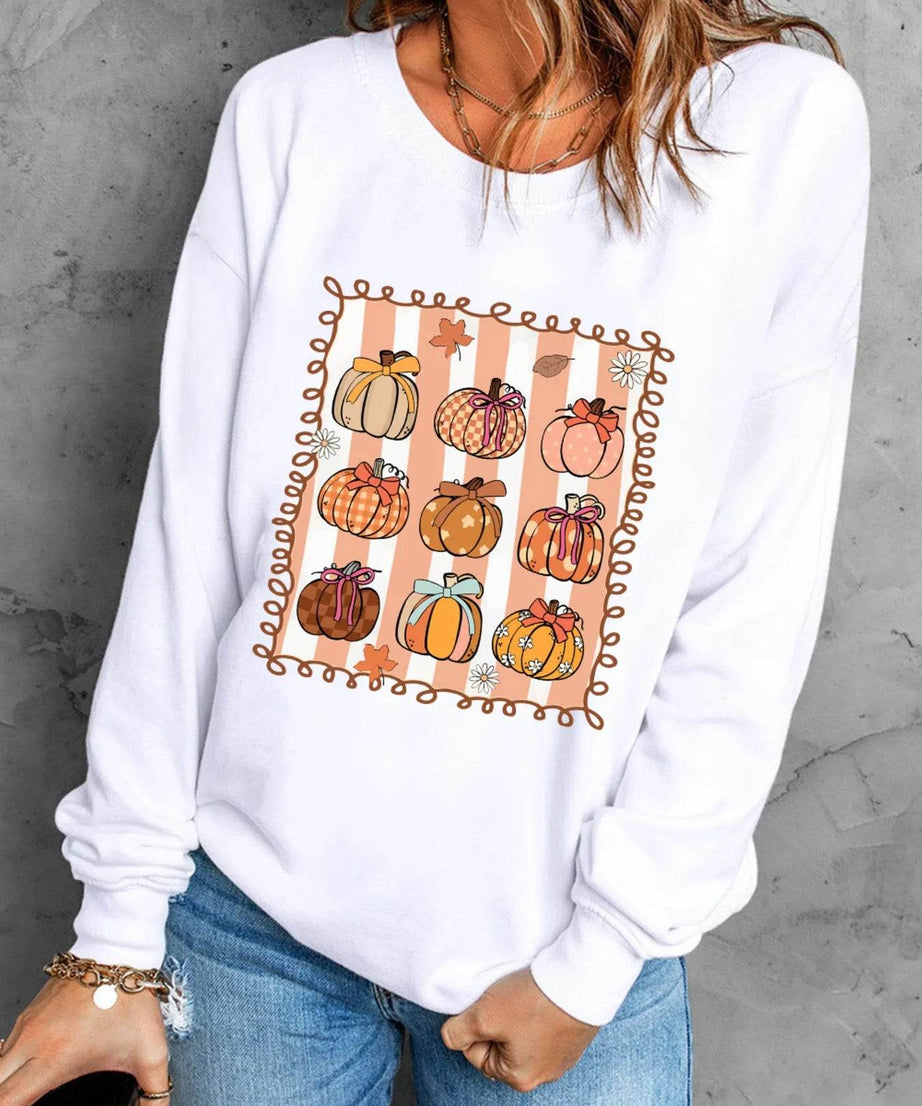 Pumpkin Graphic Round Neck Sweatshirt - ELY VESSA LLC