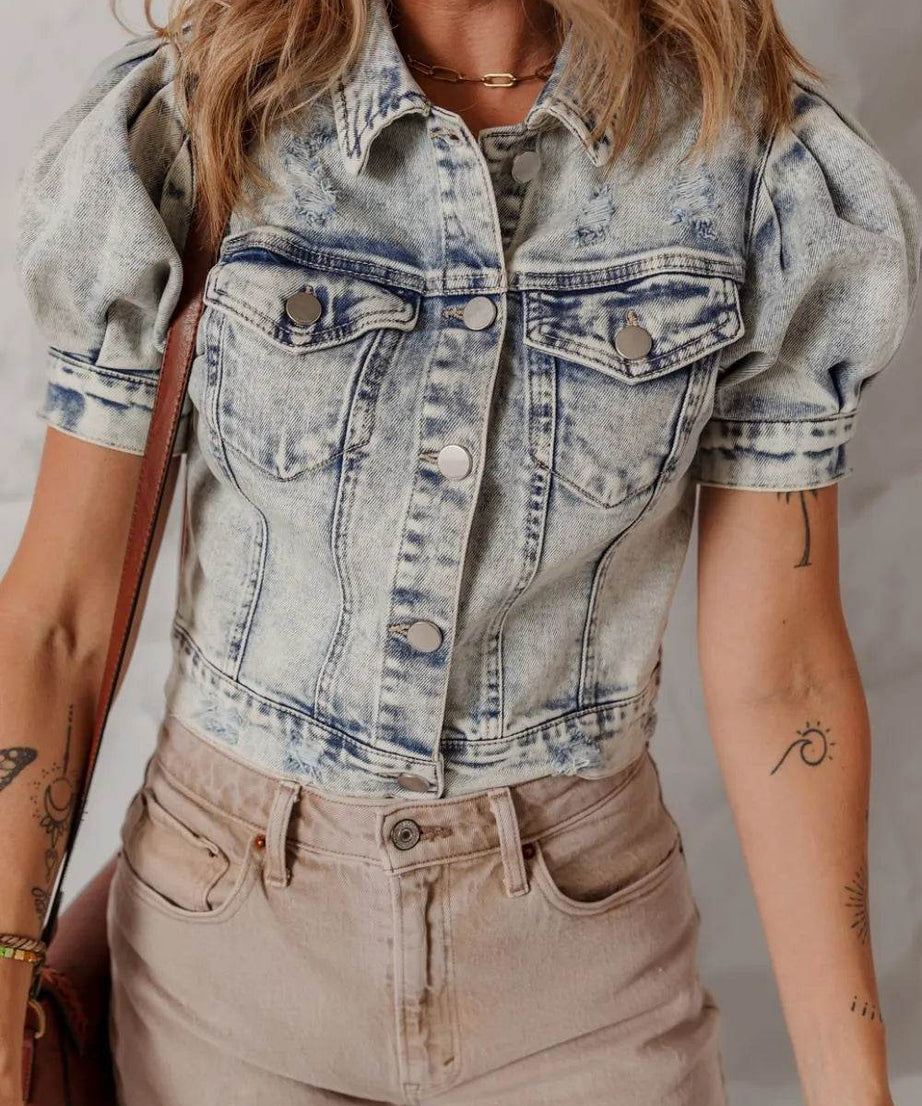Wash Buttoned Chest Pocket Puff Sleeve Denim Jacket - ELY VESSA LLC