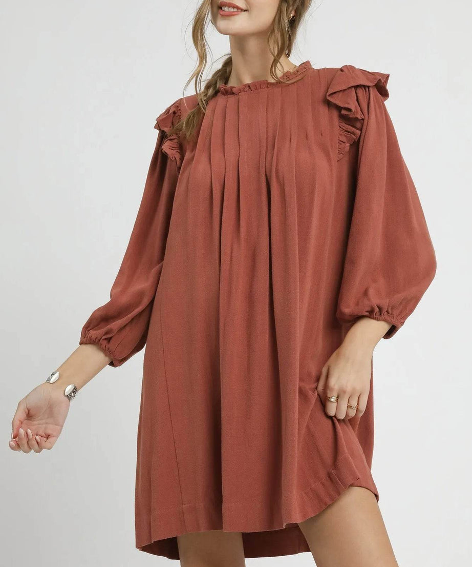 Umgee Linen Ruffle Shoulder Pleated Babydoll Dress - ELY VESSA LLC
