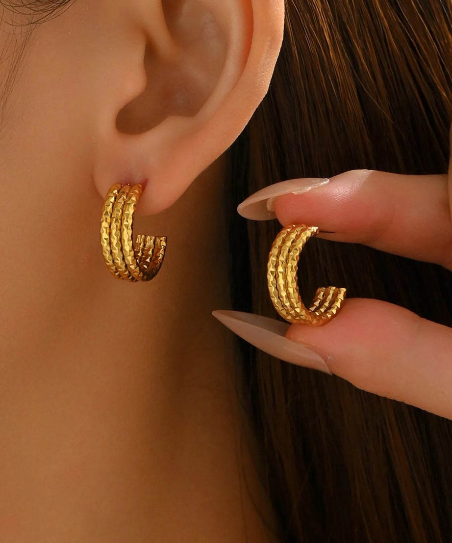 18K Gold-Plated Textured Triple Band Hoop Earrings - ELY VESSA LLC