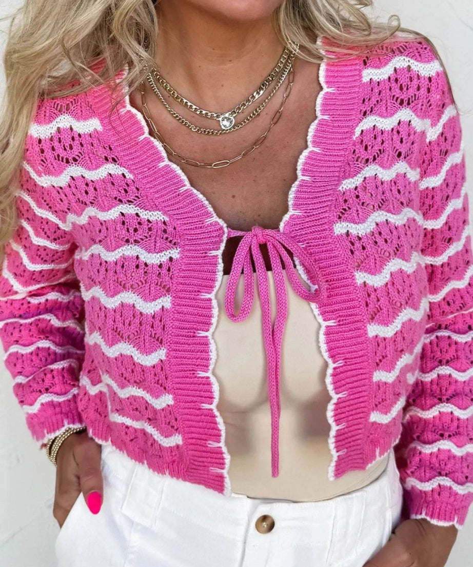 Striped Crochet Tie-Front Cardigan - ELY VESSA LLC