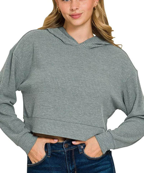 Zenana Drop Shoulder Ribbed Crop Hoodie - ELY VESSA LLC