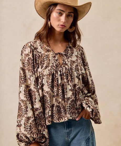 BiBi Printed Woven Front Tied Blouse with Baloon Sleeve - ELY VESSA LLC