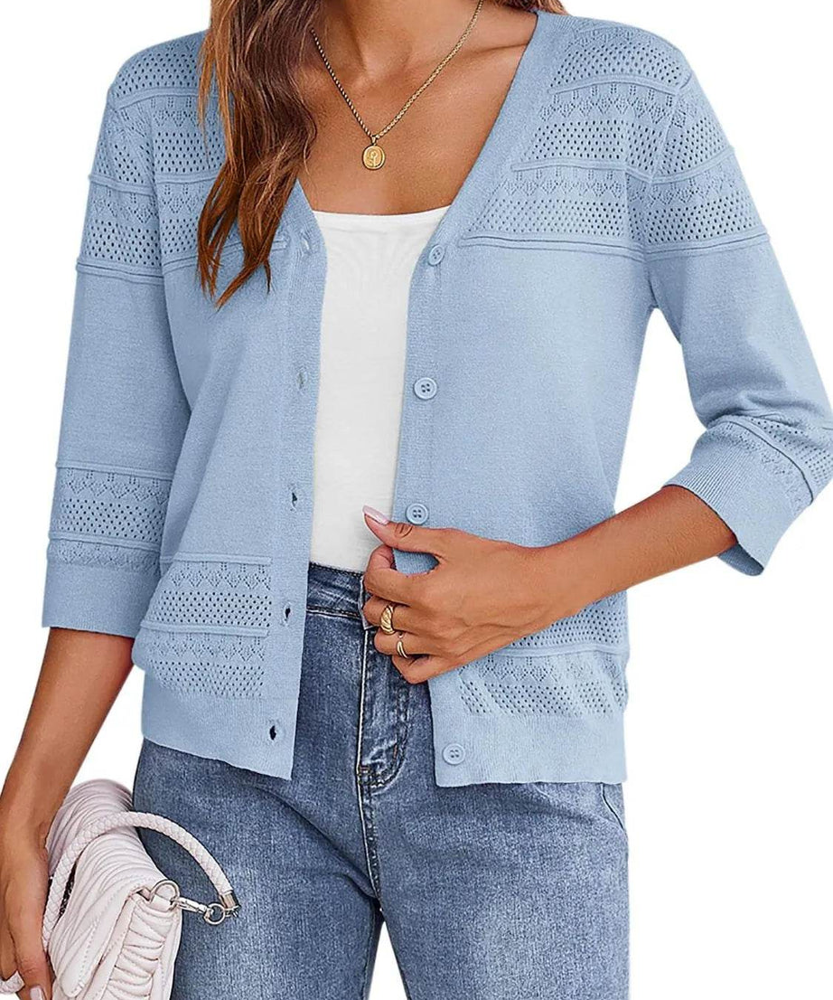Button Up 3/4 Sleeve Cardigan - ELY VESSA LLC