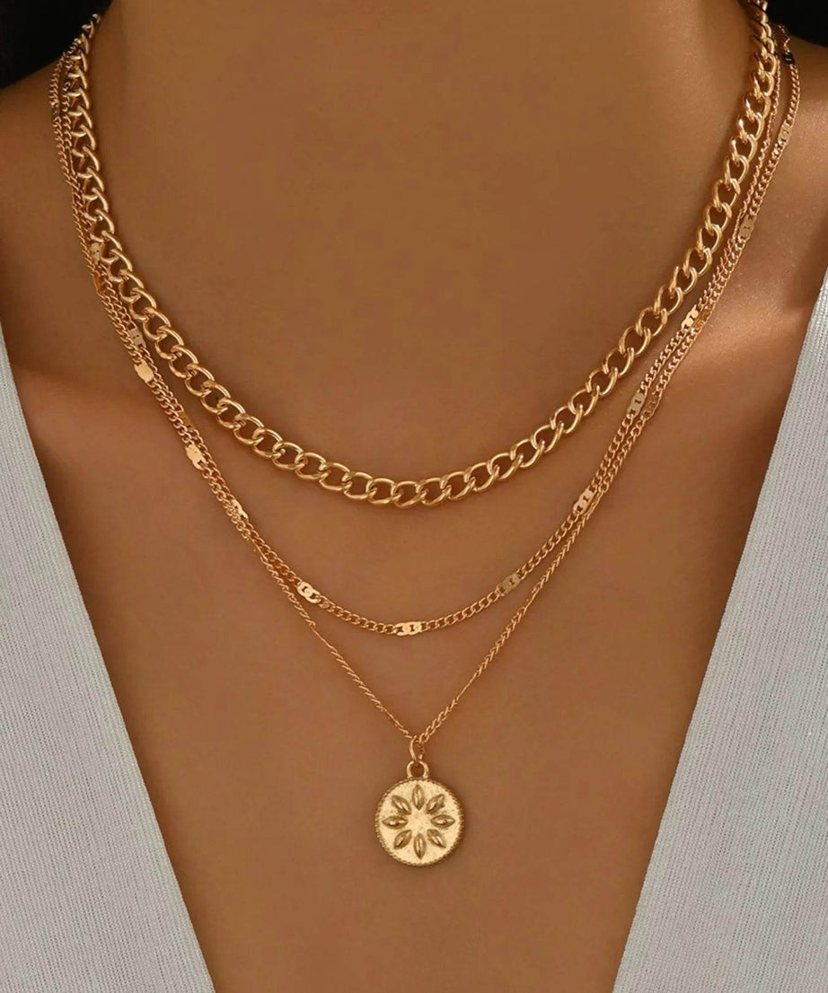18K Gold-Plated Layered Necklace with Sun Medallion Pendant - ELY VESSA LLC