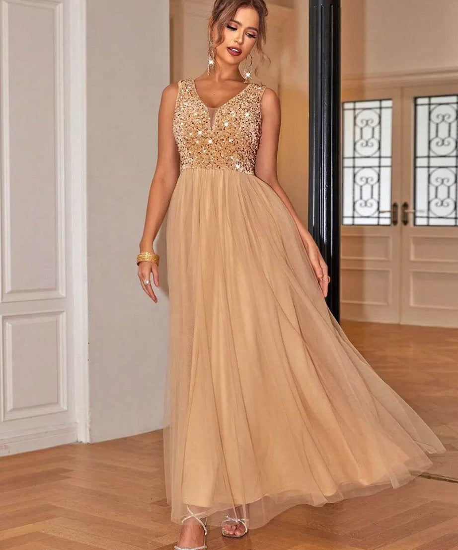 Sequin V-Neck Sleeveless Dress - ELY VESSA LLC