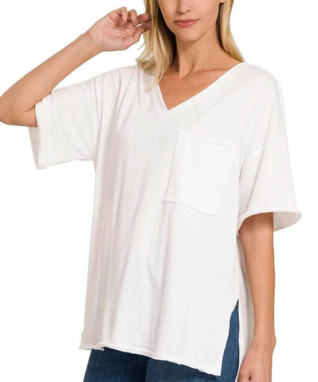 Zenana Front Pocket Raw Edge Boyfriend Tee - ELY VESSA LLC