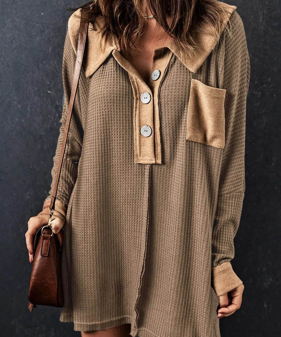 Waffle Knit Button Front Dress - ELY VESSA LLC