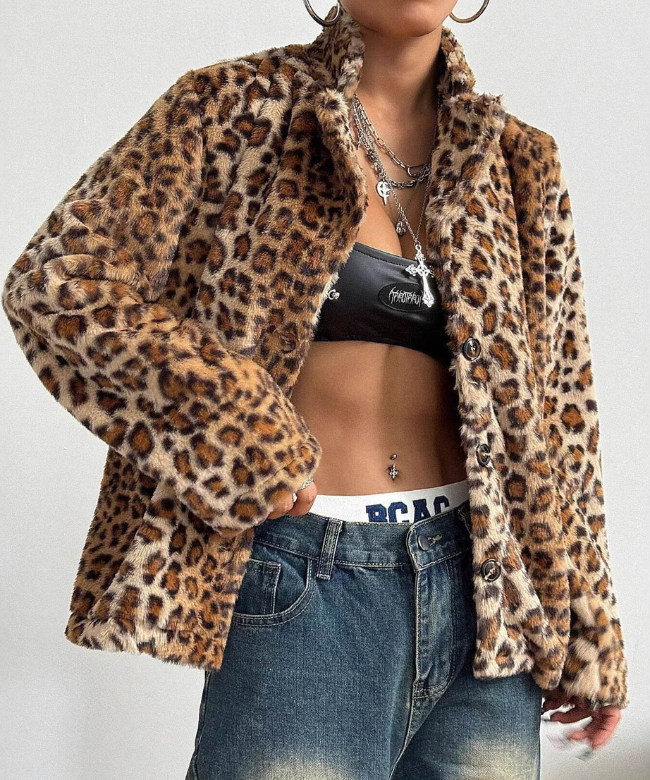 Leopard Button Up Faux Fur Outerwear - ELY VESSA LLC