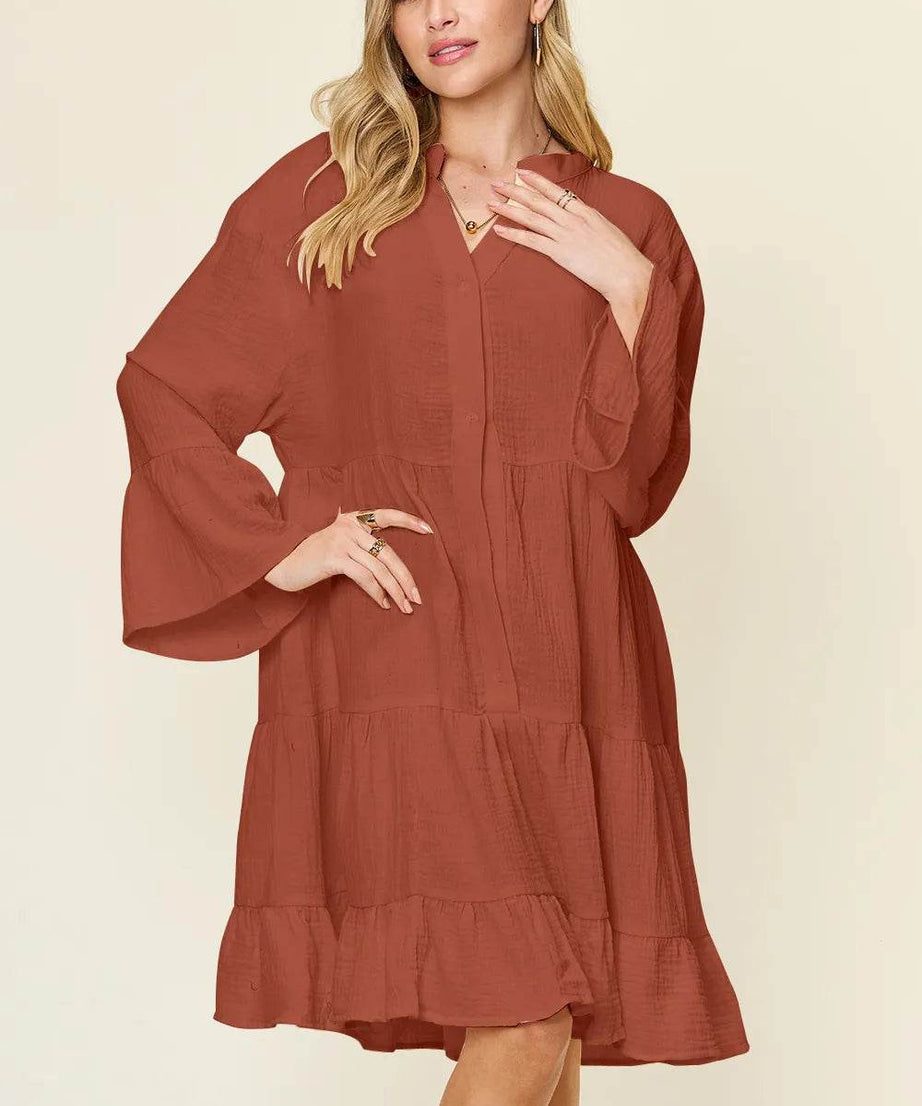 Double Take Full Size Texture Button Up Ruffle Hem Dress - ELY VESSA LLC