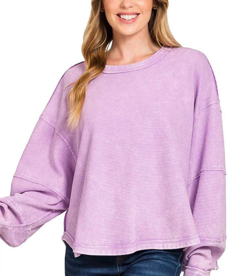 Zenana Acid Washed Exposed-Seam Sweatshirt - ELY VESSA LLC