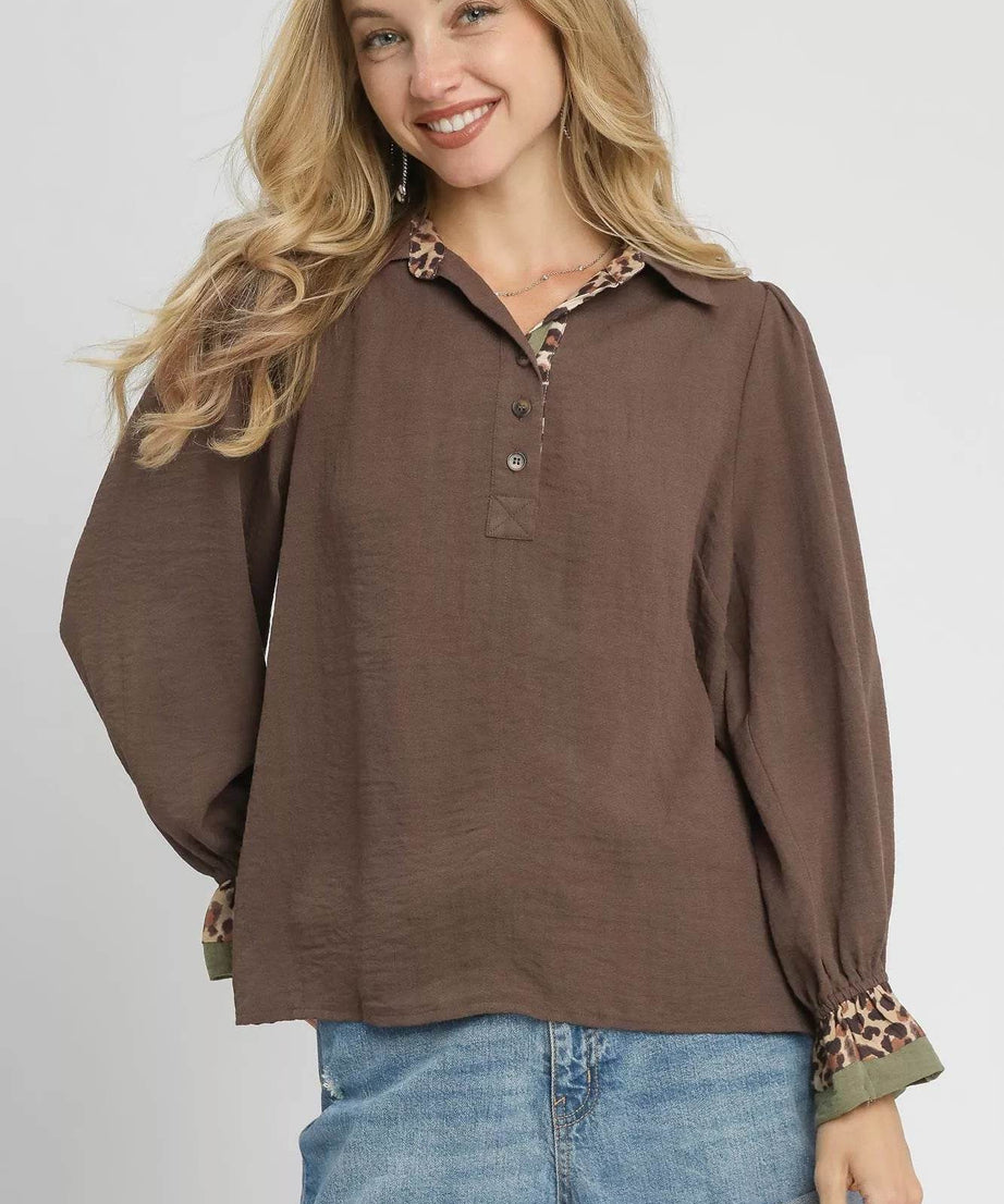 Umgee Half Button Blouse with Leopard Print Trim - ELY VESSA LLC