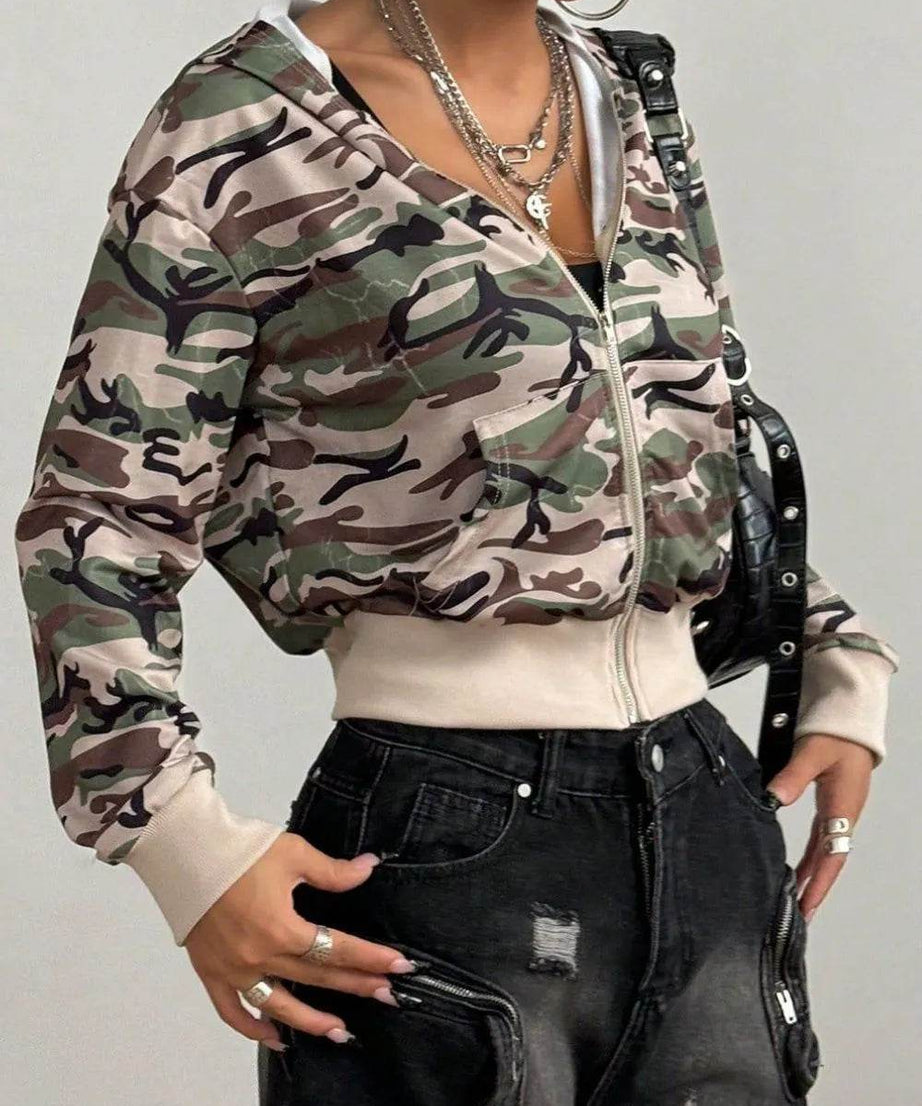 Pocketed Camouflage Zip Up Hooded Jacket - ELY VESSA LLC