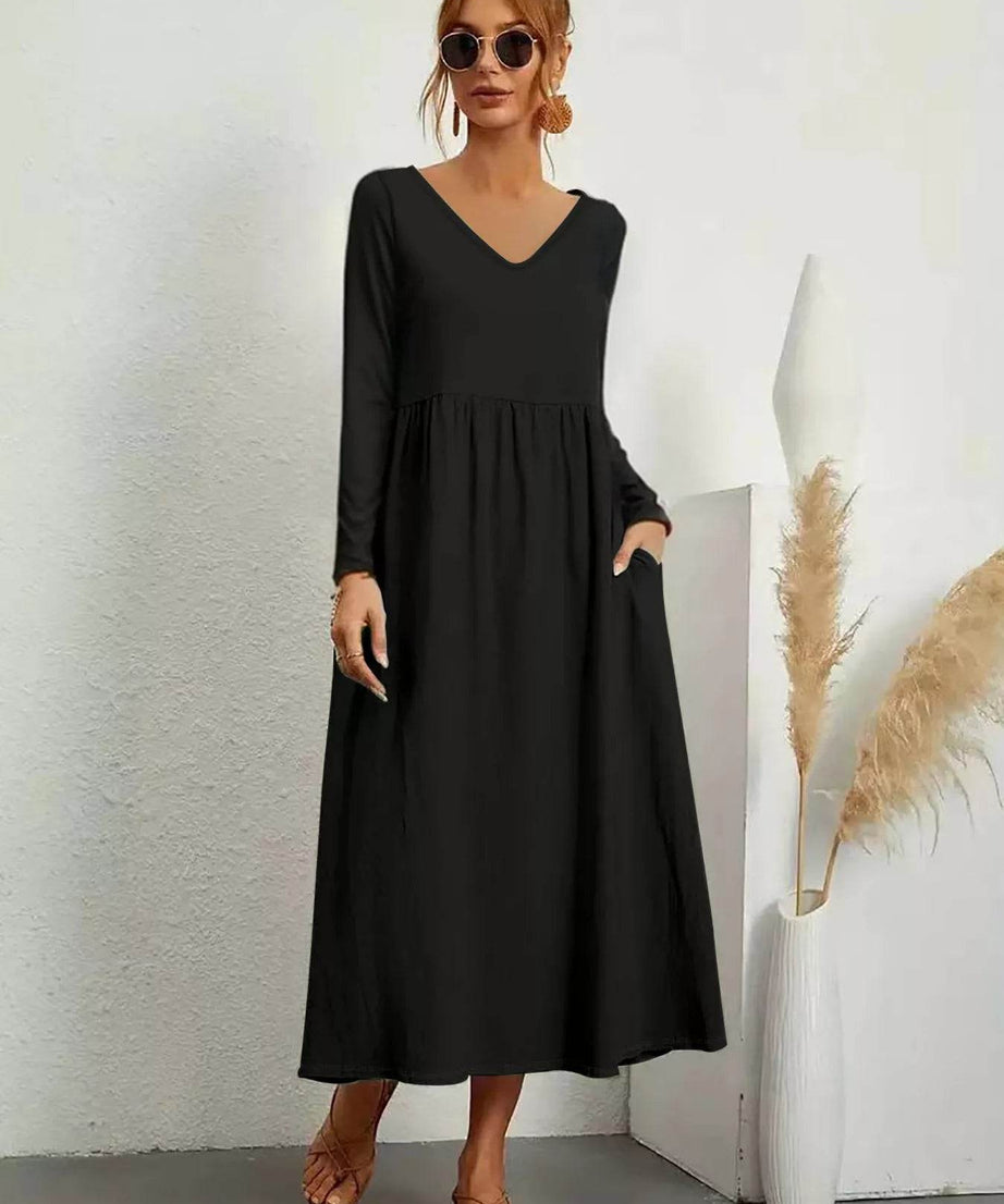 V-Neck Long Sleeve Midi Dress - ELY VESSA LLC