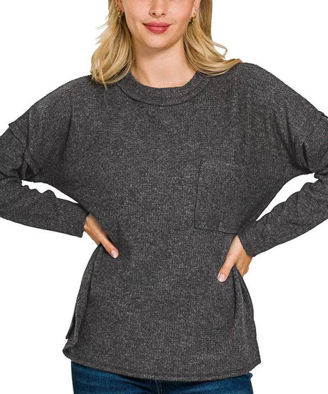 Zenana Ribbed Brushed Melange Hacci Sweater with Chest Pocket - ELY VESSA LLC