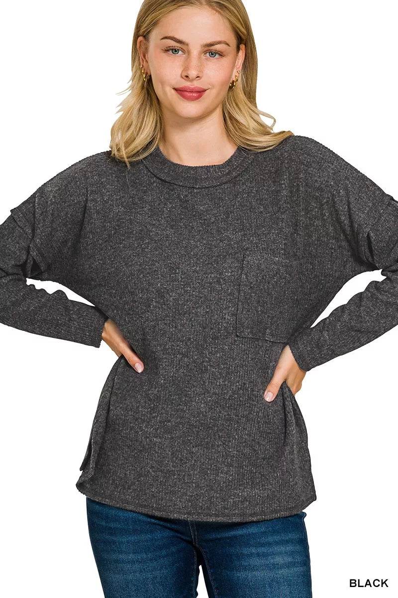 Zenana Ribbed Brushed Melange Hacci Sweater with Chest Pocket - ELY VESSA LLC