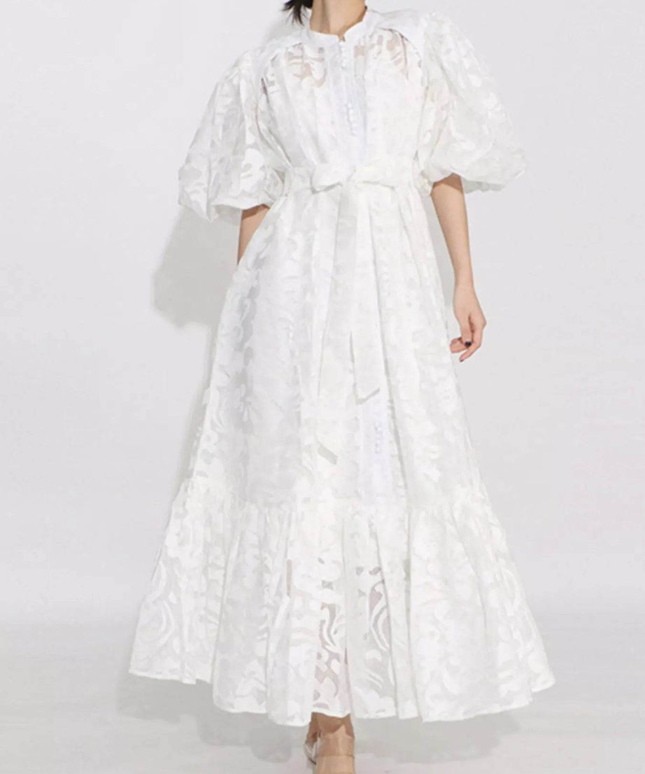 Lace Puff Sleeve Tie Waist Maxi Dress - ELY VESSA LLC