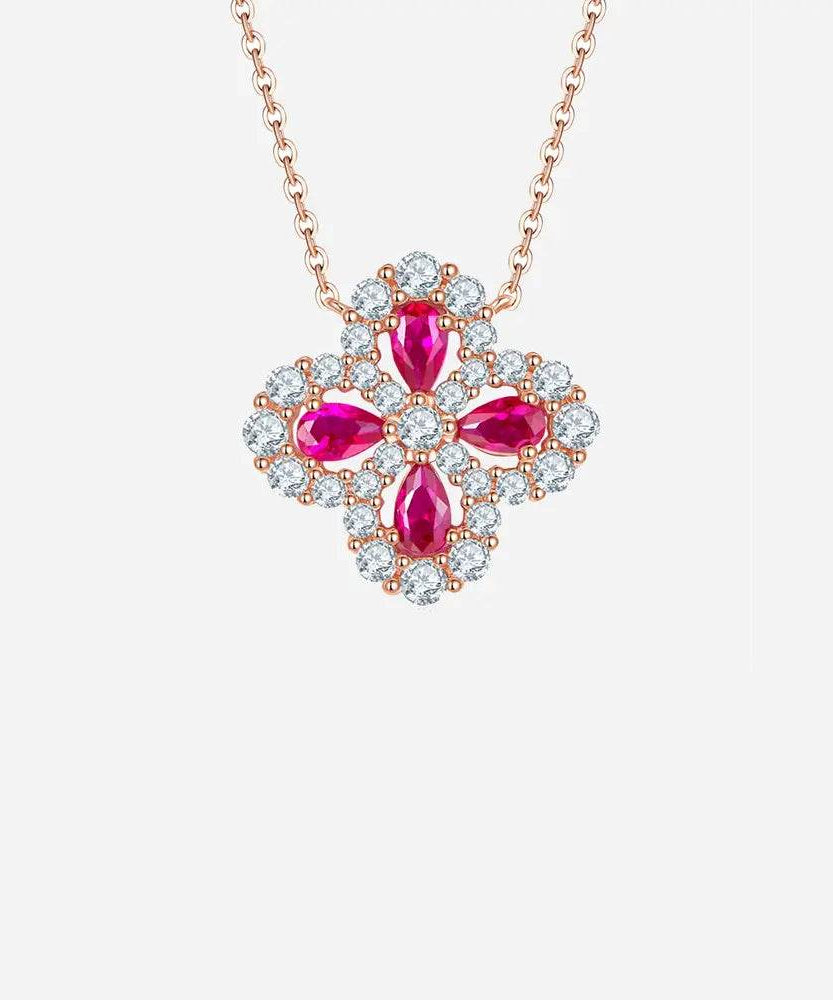 Lab-Grown Ruby 925 Sterling Silver Flower Shape Necklace - ELY VESSA LLC