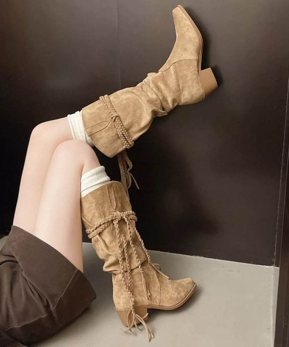 Point Toe Block Heels Boots - ELY VESSA LLC