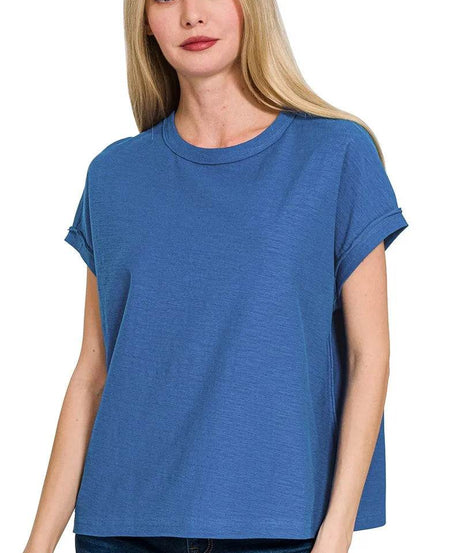 Zenana Cotton Slub Round Neck Short Sleeve T-Shirt - ELY VESSA LLC