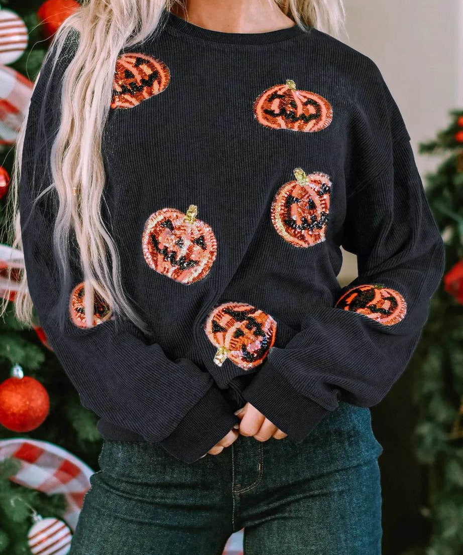 Sequin Patch Pumpkin Round Neck Sweatshirt - ELY VESSA LLC