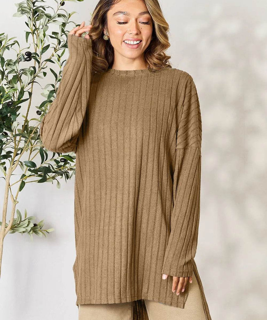 Basic Bae Full Size Ribbed Round Neck Long Sleeve Slit Top - ELY VESSA LLC