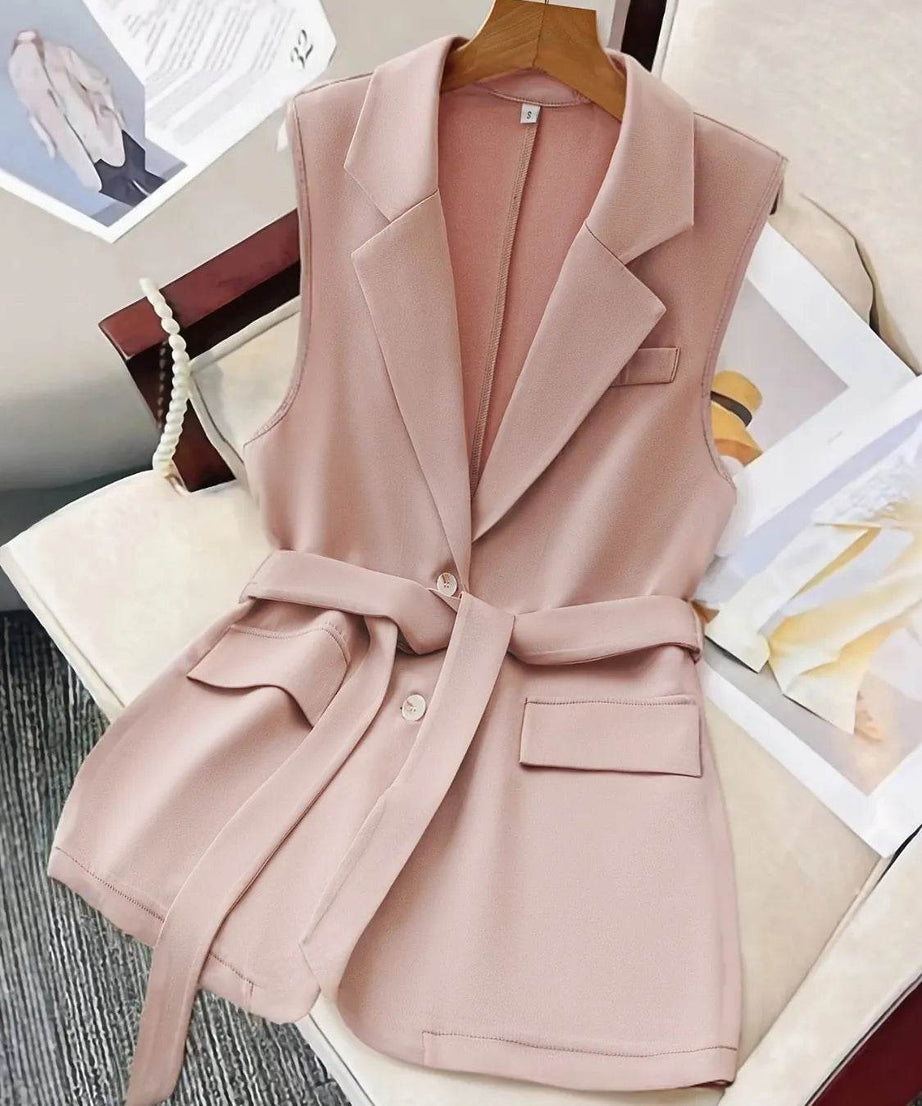 Tie Waist Lapel Collar Sleeveless Blazer - ELY VESSA LLC