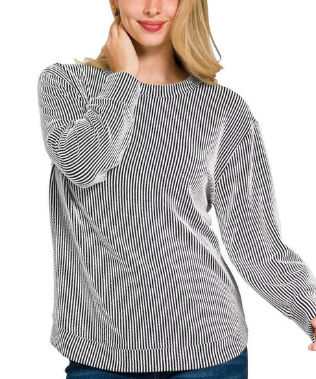 Zenana Full Size Raised Rib Round Neck Long Sleeve Top Plus Size - ELY VESSA LLC