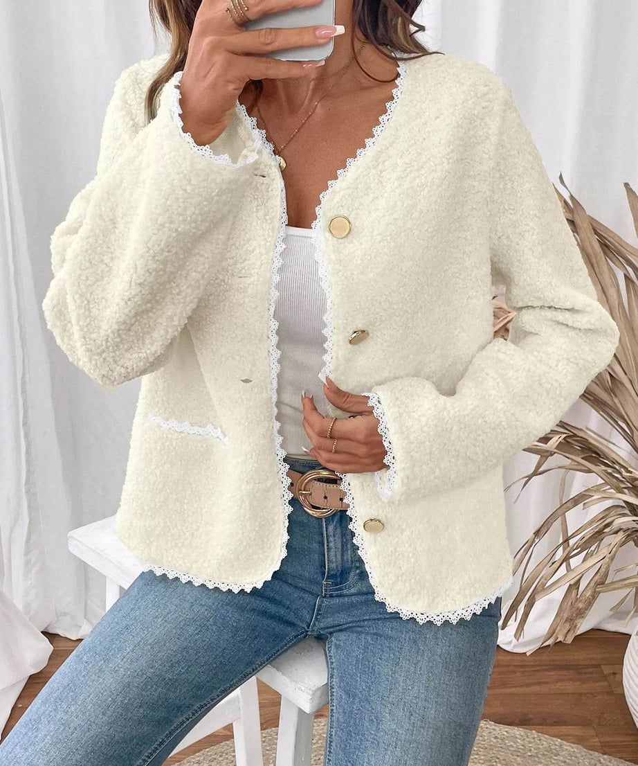 Lace Detail Button Up Long Sleeve Outerwear - ELY VESSA LLC