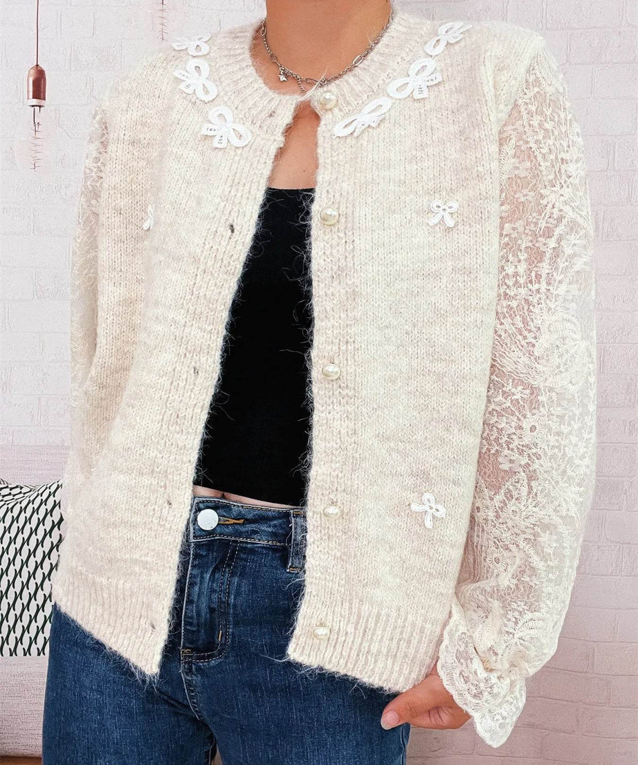 Lace Sleeve Button-Up Cardigan - ELY VESSA LLC