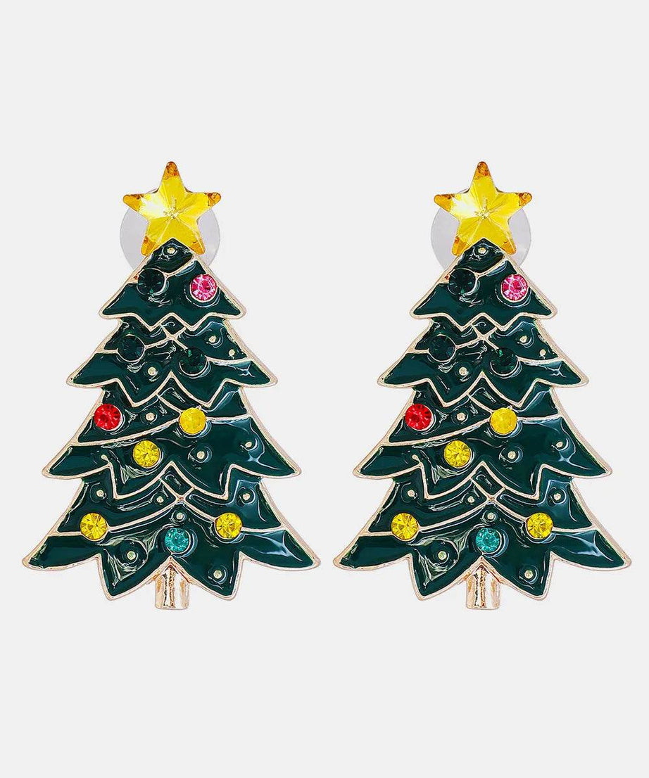 Alloy Inlaid Rhinestone Christmas Tree Earrings - ELY VESSA LLC