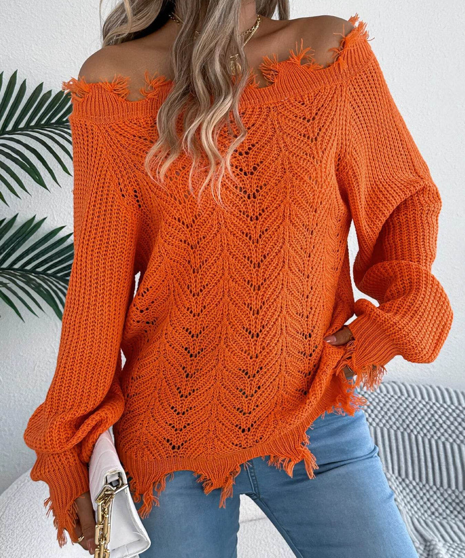 Distressed Hem Openwork Off-Shoulder Sweater - ELY VESSA LLC