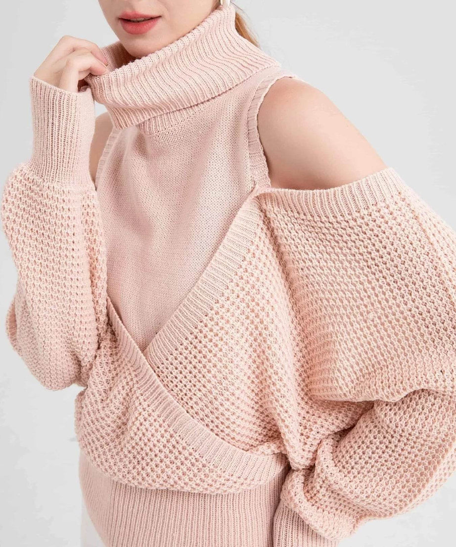 Waffle Knit Cold Shoulder Turtleneck Sweater - ELY VESSA LLC