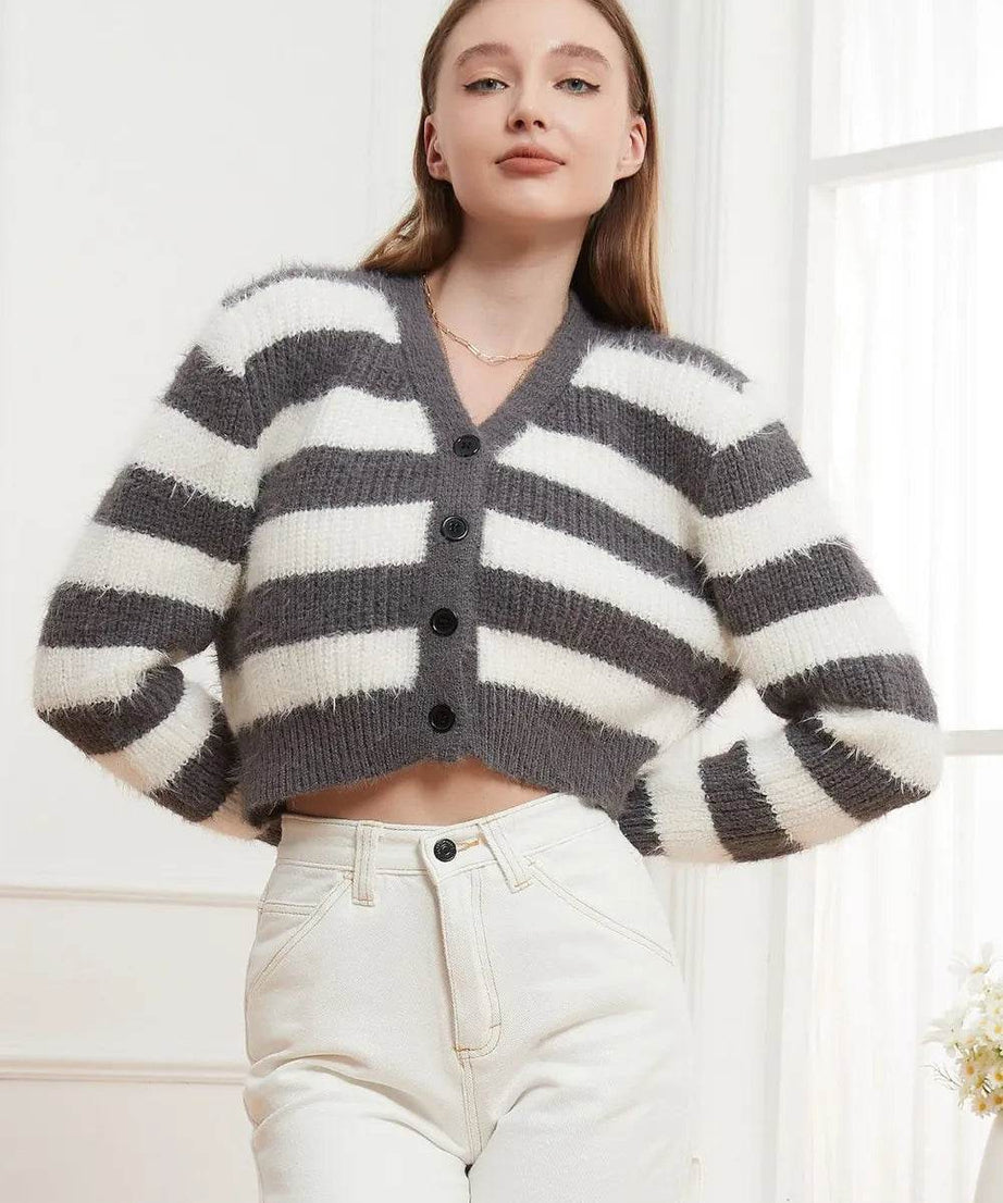 Button Down V-Neck Striped Cardigan - ELY VESSA LLC