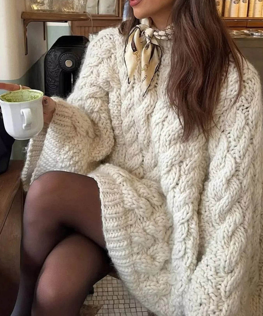 Cable Knit Round Neck Sweater - ELY VESSA LLC