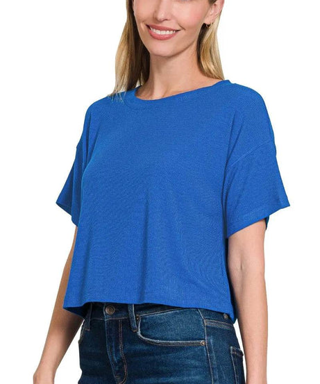 Zenana Ribbed Round-Neck Crop T-Shirt - ELY VESSA LLC