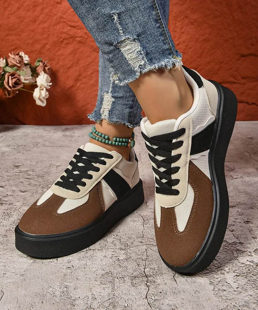 Lace Up Round Toe Contrast Sneakers - ELY VESSA LLC