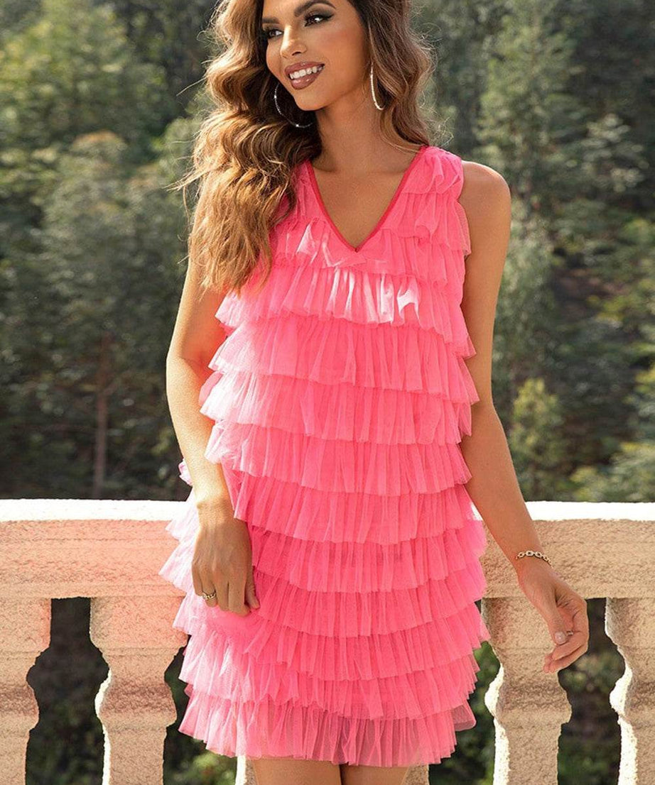 V-Neck Tiered Sleeveless Mesh Dress - ELY VESSA LLC