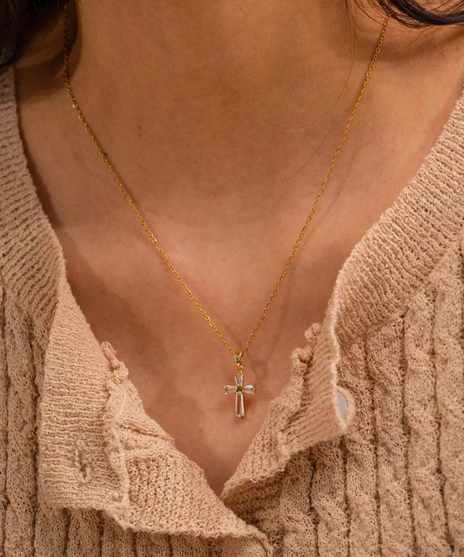18K Gold-Plated Stainless Steel Zircon Cross Necklace - ELY VESSA LLC