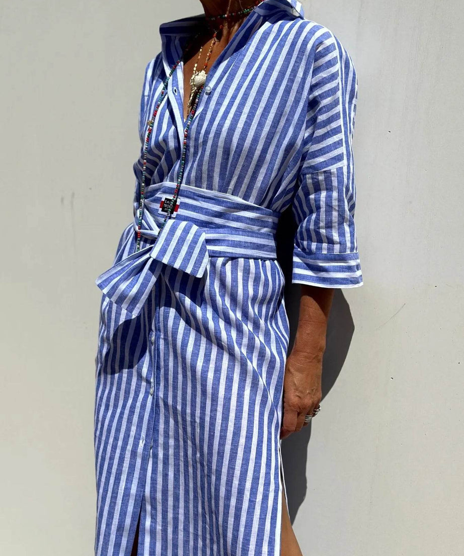 Striped Long Sleeve Shirt Dress - ELY VESSA LLC