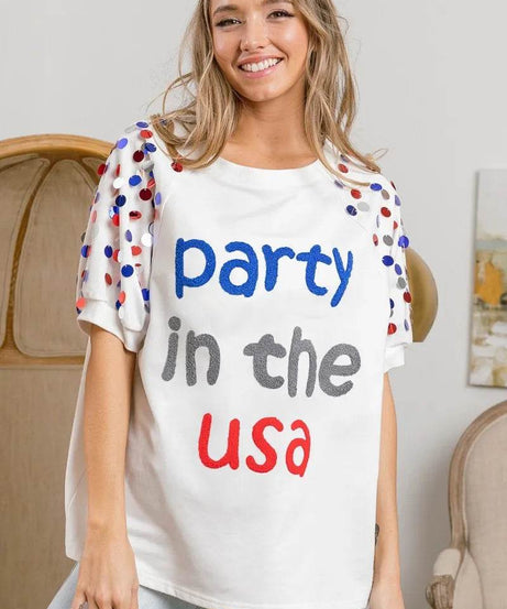 BiBi Party In The Usa Spangle Puff Sleeves Top - ELY VESSA LLC