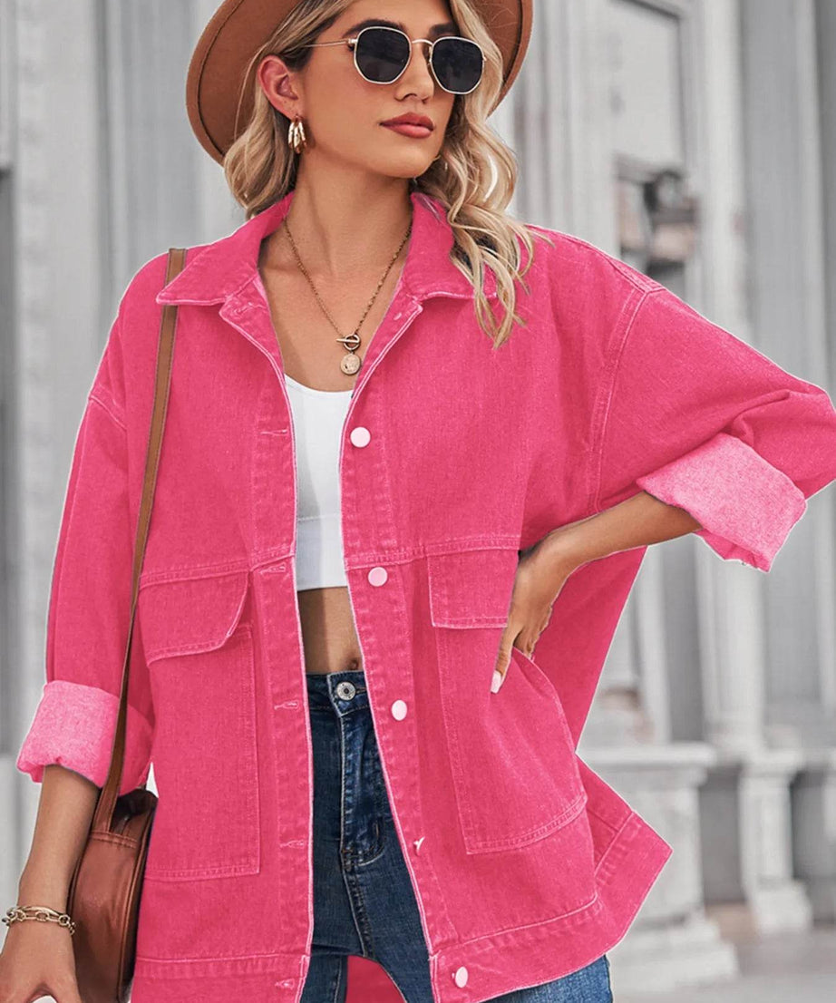 Button Up Long Sleeve Denim Jacket - ELY VESSA LLC