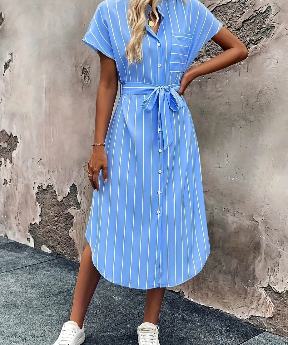Striped Button-Down Shirt Dress - ELY VESSA LLC