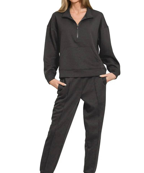 Zenana Scuba Half Zip Sweatshirt and Joggers Set - ELY VESSA LLC
