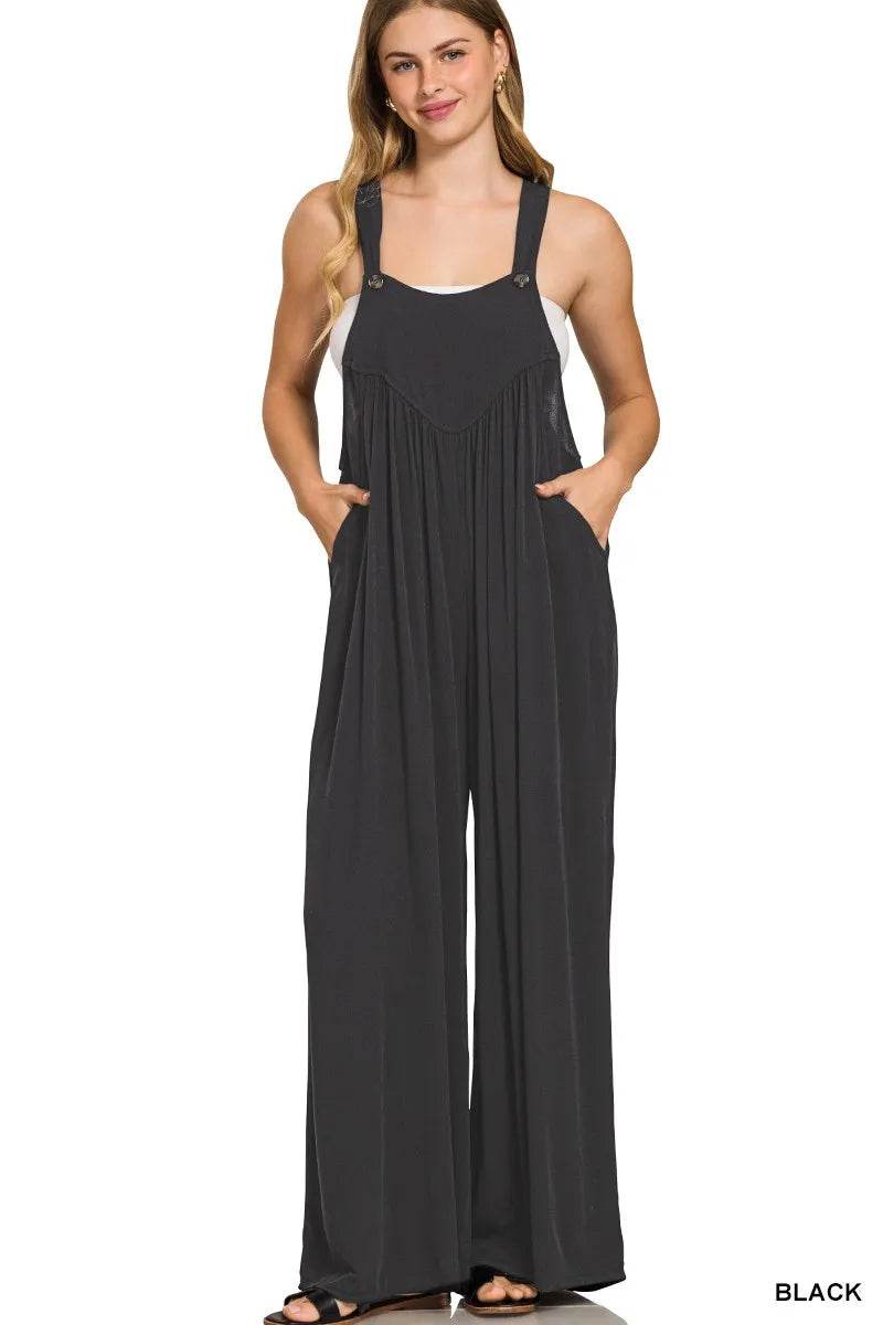Zenana Woven Rayon Crepe Wide Leg Overalls - ELY VESSA LLC