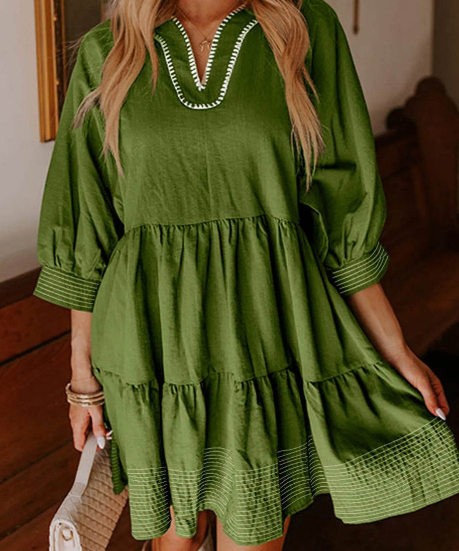 Striped Hem 3/4 Sleeve Tiered Dress - ELY VESSA LLC