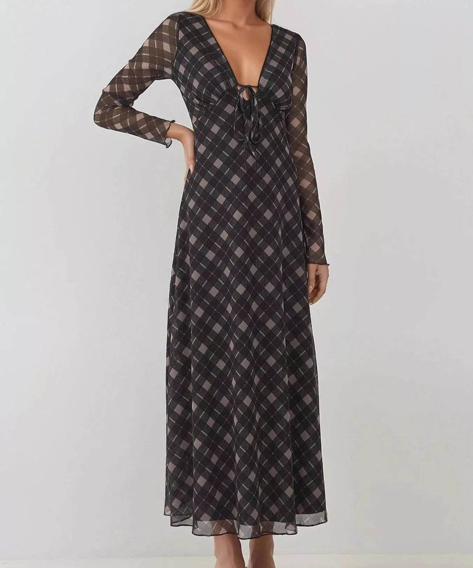 Tie Front Plaid Long Sleeve Dress - ELY VESSA LLC