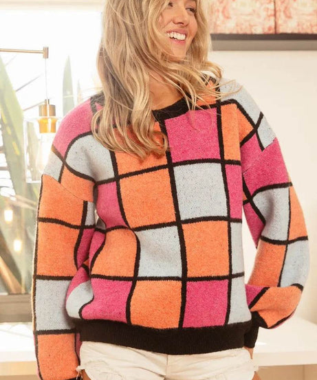 BiBi Multi Color Checker Pattern Sweater - ELY VESSA LLC